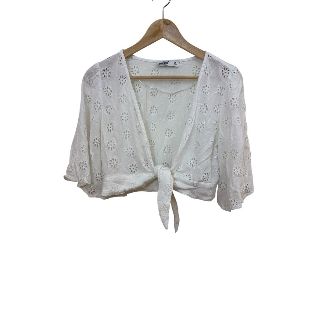 Hollister Eyelet Tie Front Crop Top Sz M Flutter Sleeve White Boho  Cottagecore